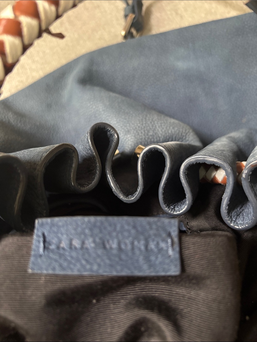 Zara. Leather Woven-Handle Drawstring Shoulder Bag in Navy - Picture 4 of 8